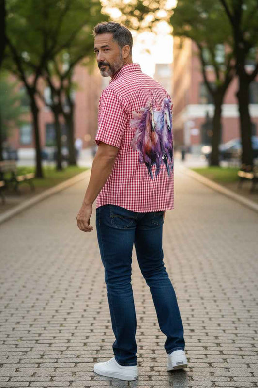 Flying Horses Graphics Red Picnic Oxford Boxy Shirt