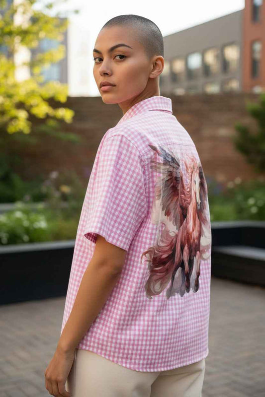 Flying Horses Graphics Pink Gingham Oxford Boxy Shirt