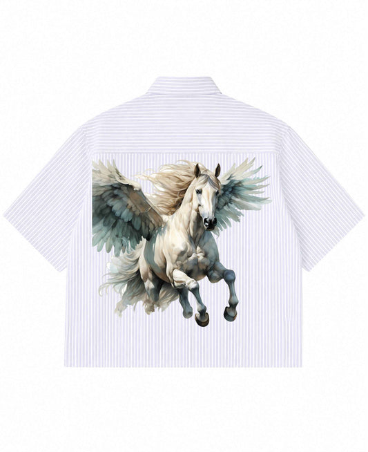 Flying Horses Graphics Blue Striped Oxford Boxy Shirt