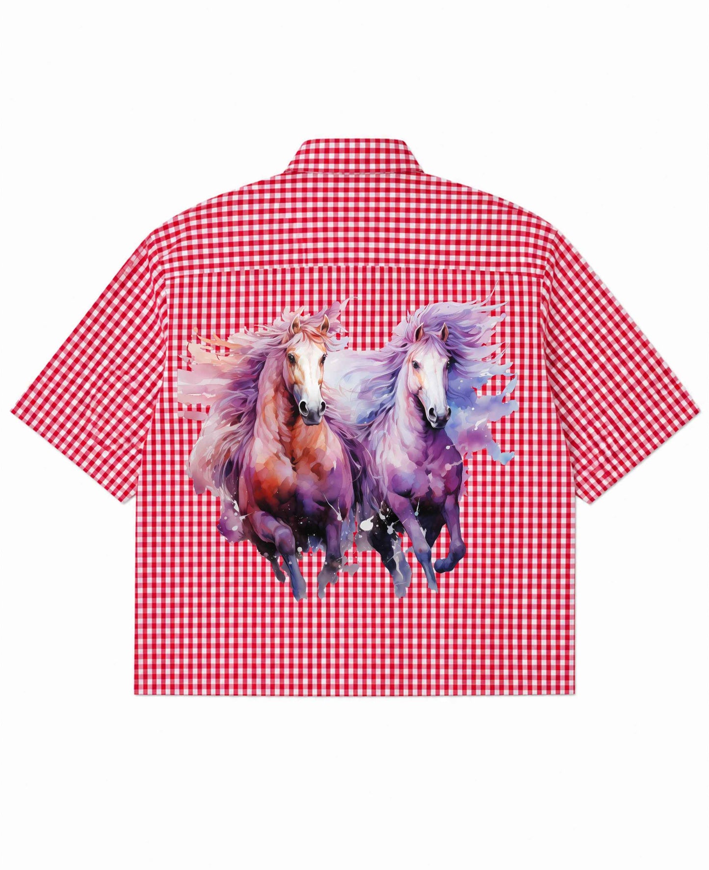 Flying Horses Graphics Red Picnic Oxford Boxy Shirt