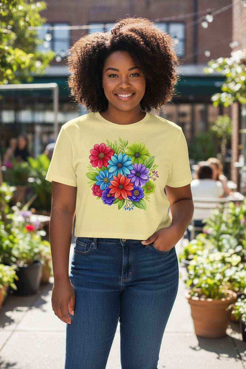 Mexica Flowers Graphics Butter Yellow Tee