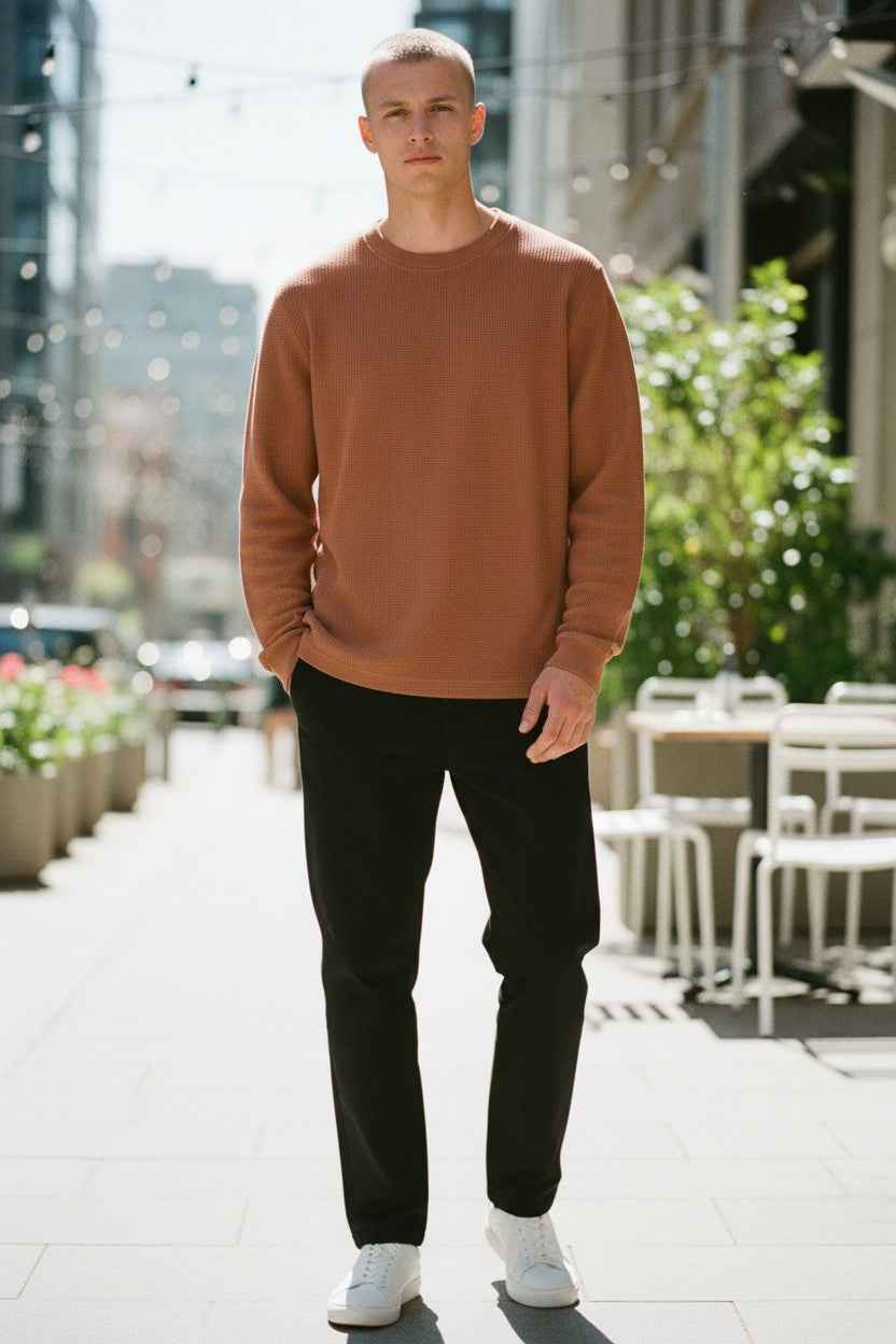 Brown Waffle Knit Oversized Full-Sleeve