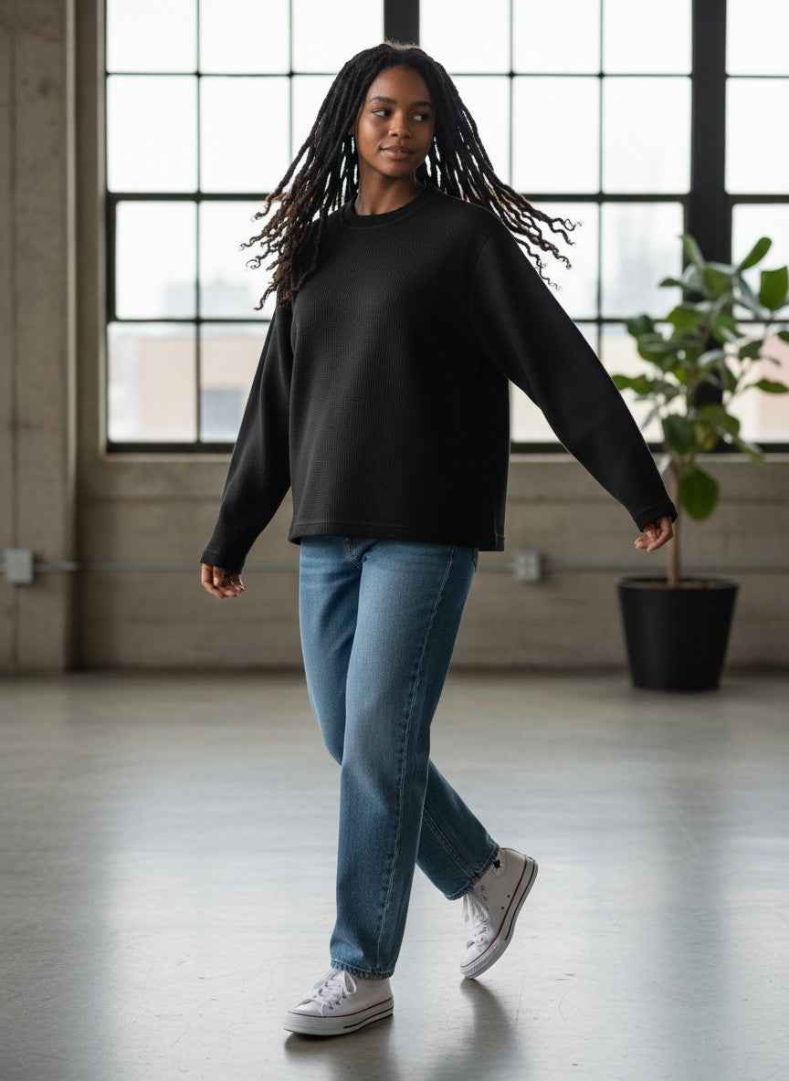 UrbanWeave Graphic Waffle Knit Oversized Full-Sleeve