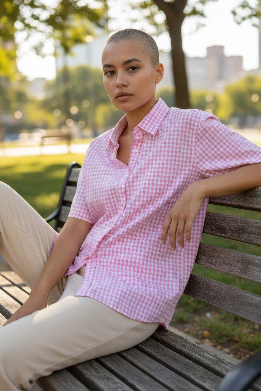 Flying Horses Graphics Pink Gingham Oxford Boxy Shirt