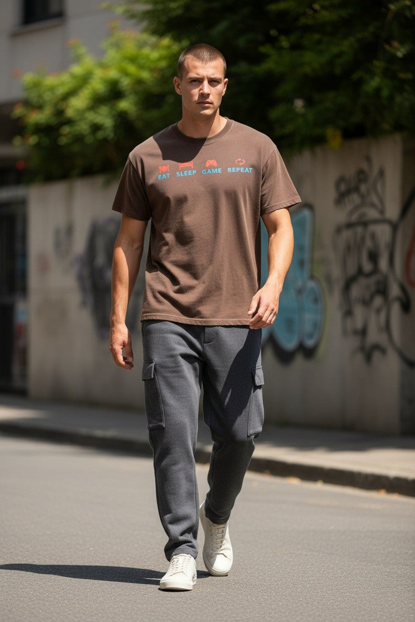 Eat Sleep Game Repeat Brown Boxy Fit T-shirt
