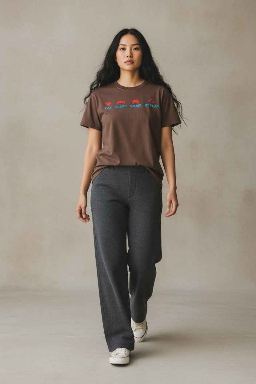 Eat Sleep Game Repeat Brown Boxy Fit T-shirt