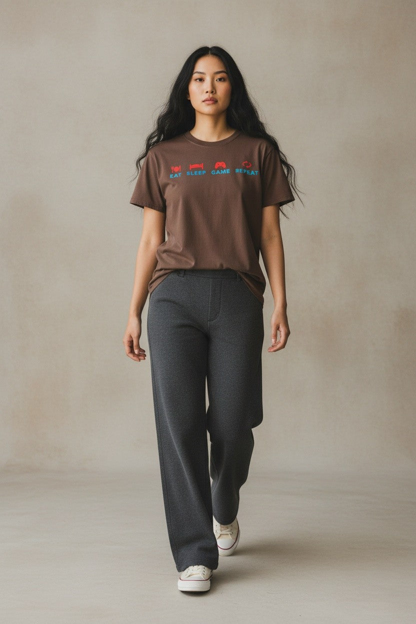 Eat Sleep Game Repeat Brown Boxy Fit T-shirt