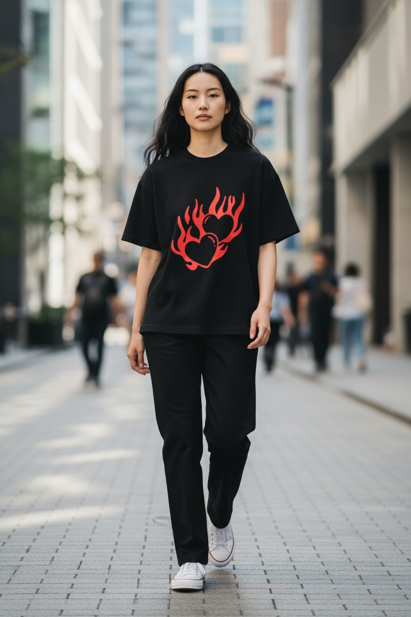 Heart of Flame Black waffle boxy fit