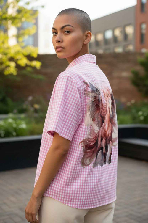 Flying Horses Graphics Pink Gingham Oxford Boxy Shirt