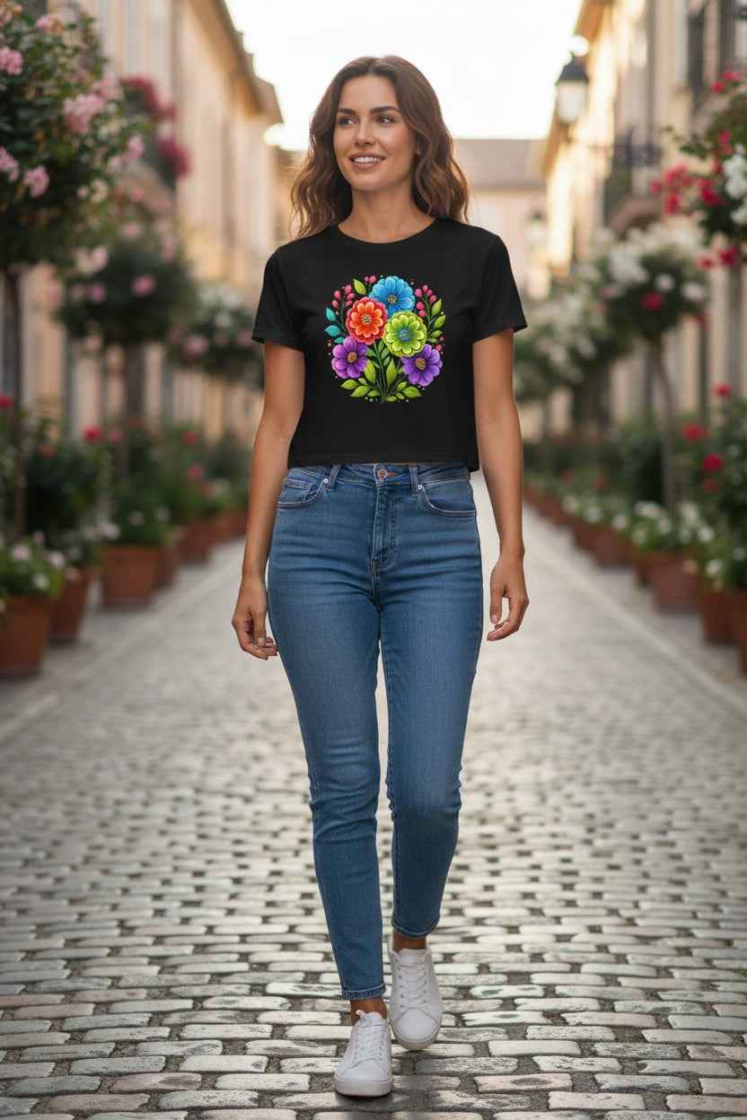 Mexican Flowers Graphics Black Baby Tee