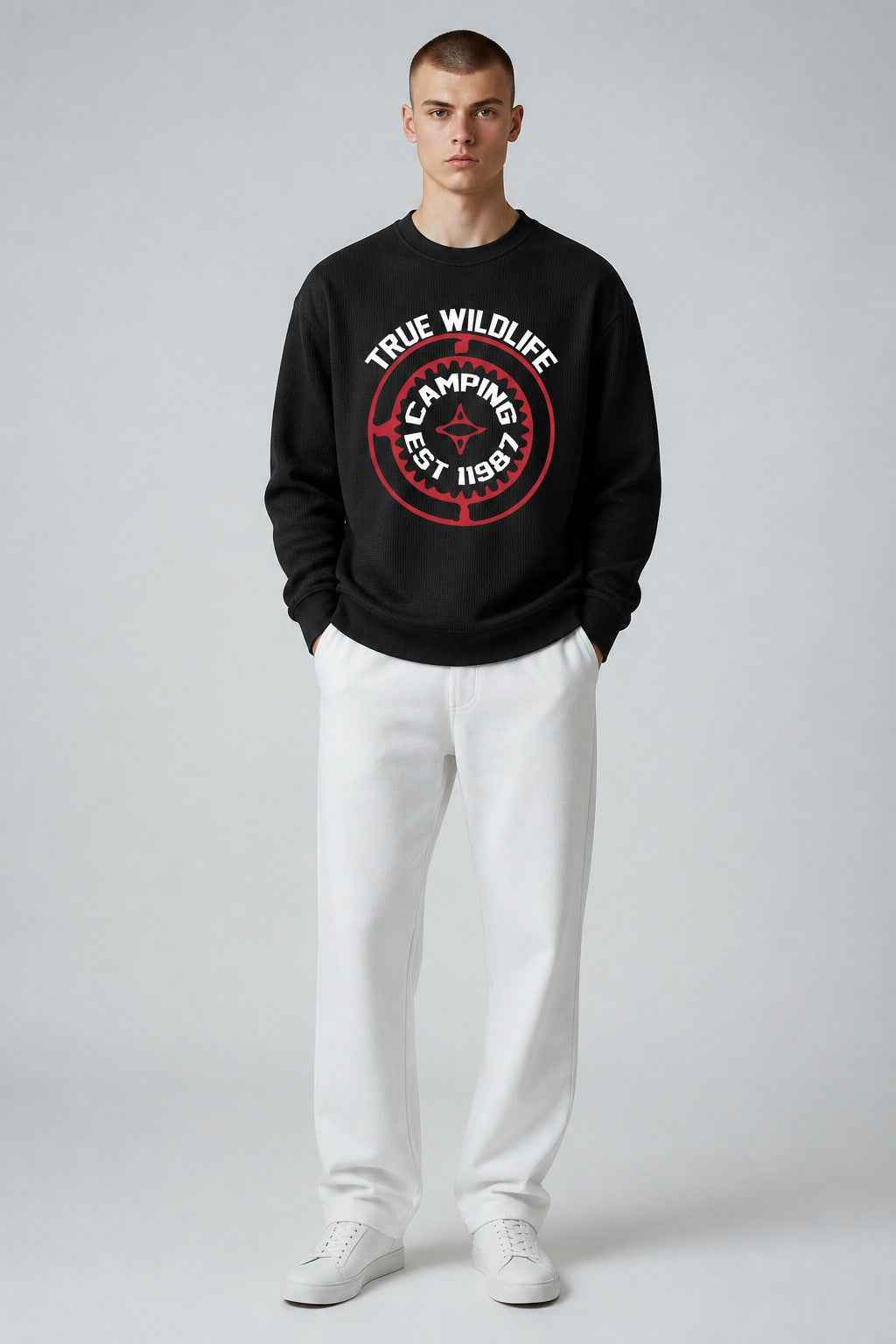 True Wildlife Black Waffle Knit Oversized Full-Sleeve