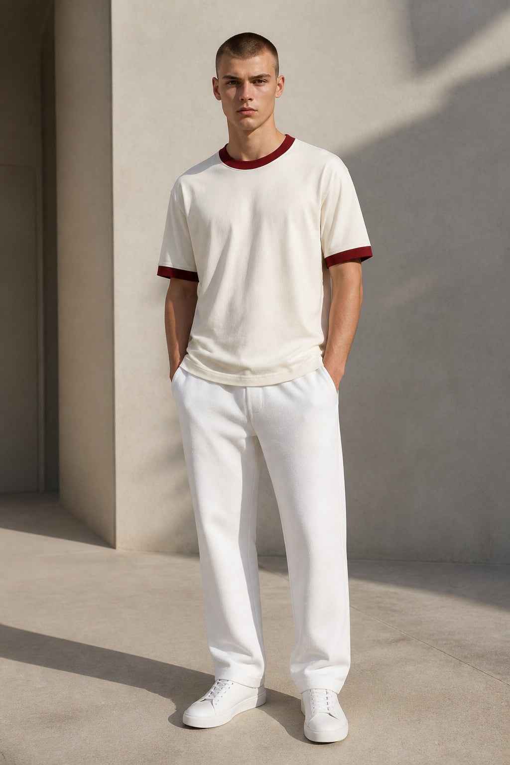 Off White & Maroon Ringer Tee