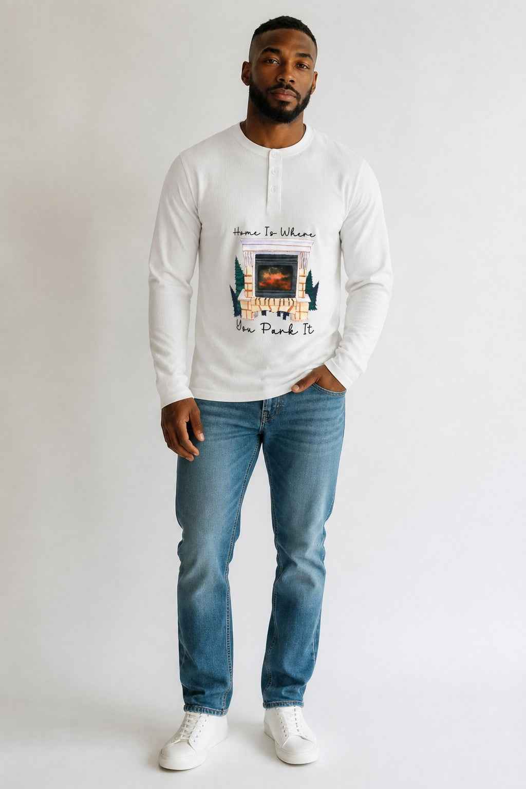 Camping Graphic  White Henley waffle knit