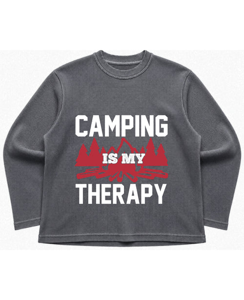 Camping Graphic Acidwash Waffle Knit Oversized Full-Sleeve - LitShirt