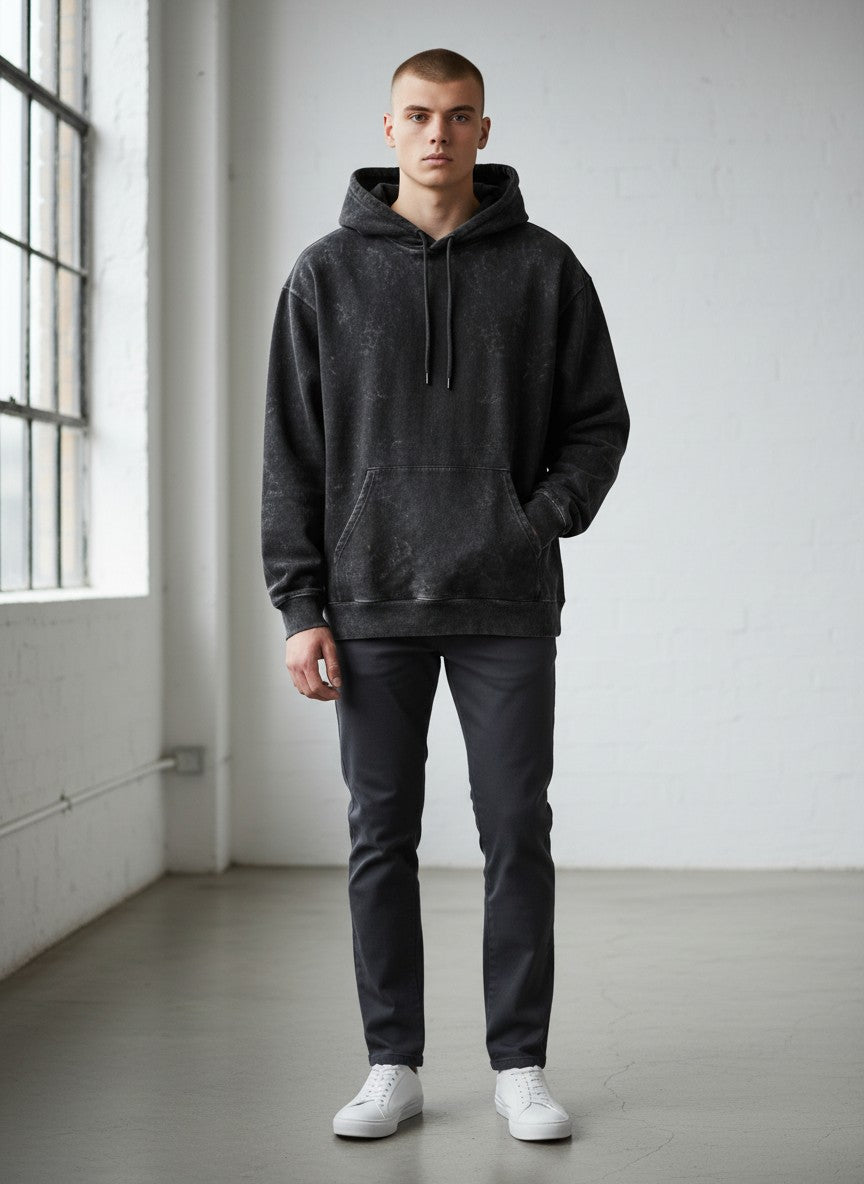 Raw Cotton Drop Black Unisex Acid Washed Hoodie