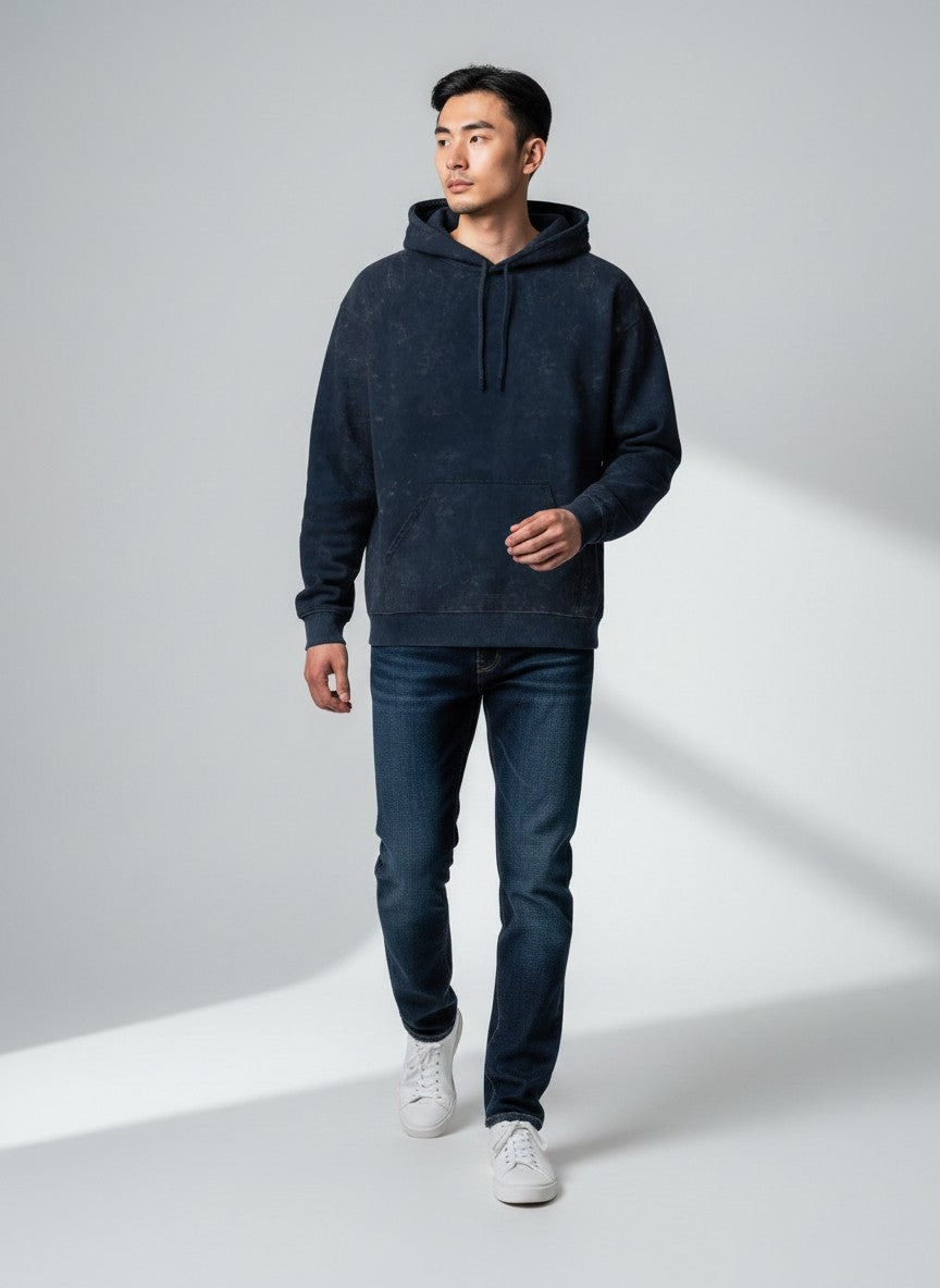 Raw Cotton Drop Navy Blue Unisex Acid Washed Hoodie