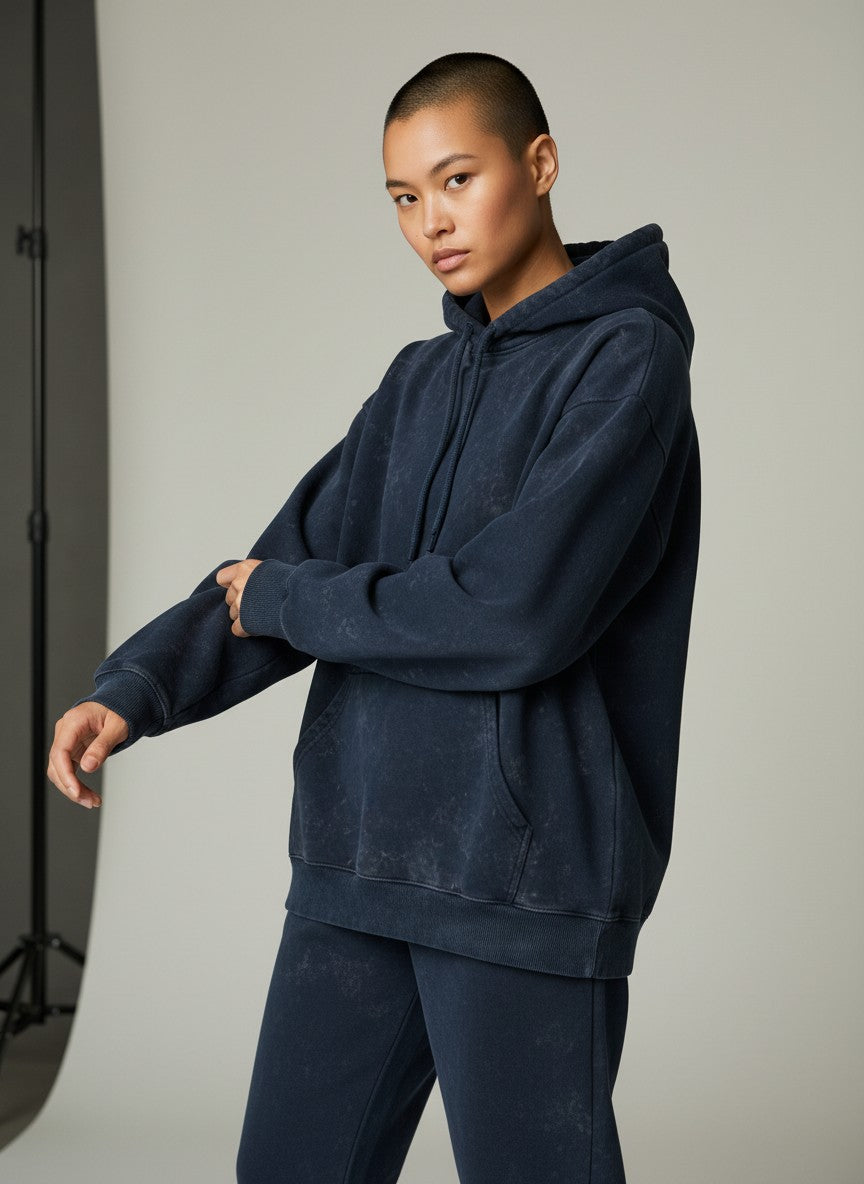 Raw Cotton Drop Navy Blue Unisex Acid Washed Hoodie