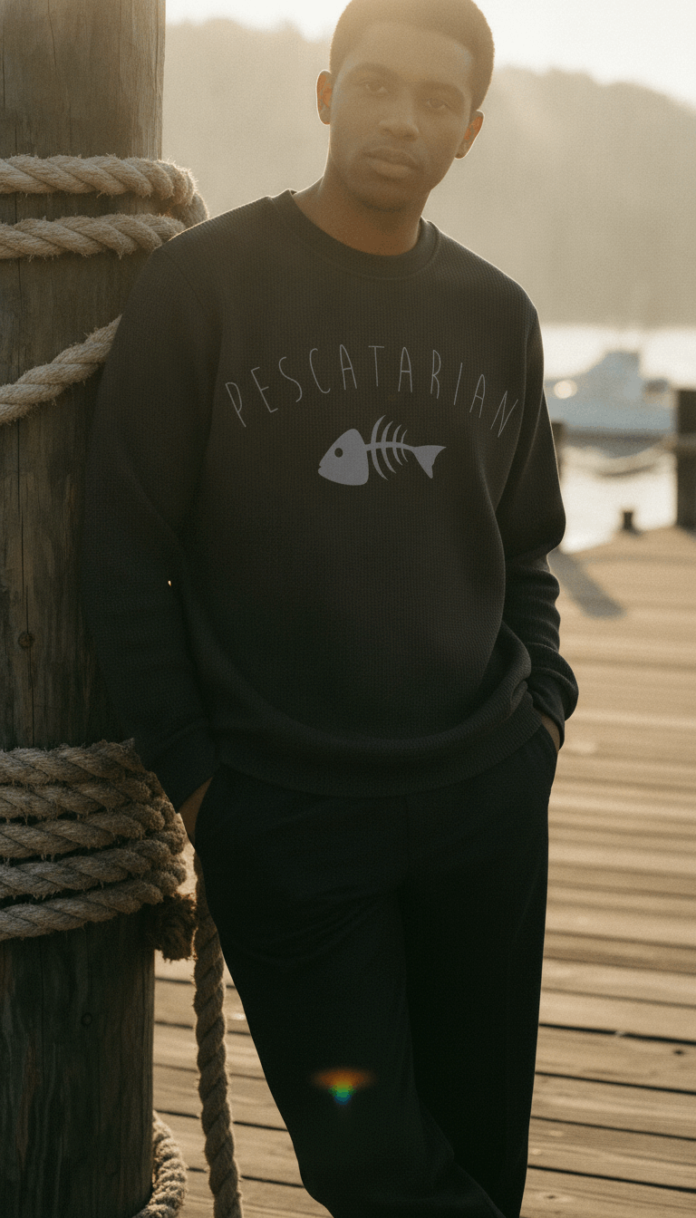 Pescatarian Black Waffle Knit Oversized Full-Sleeve