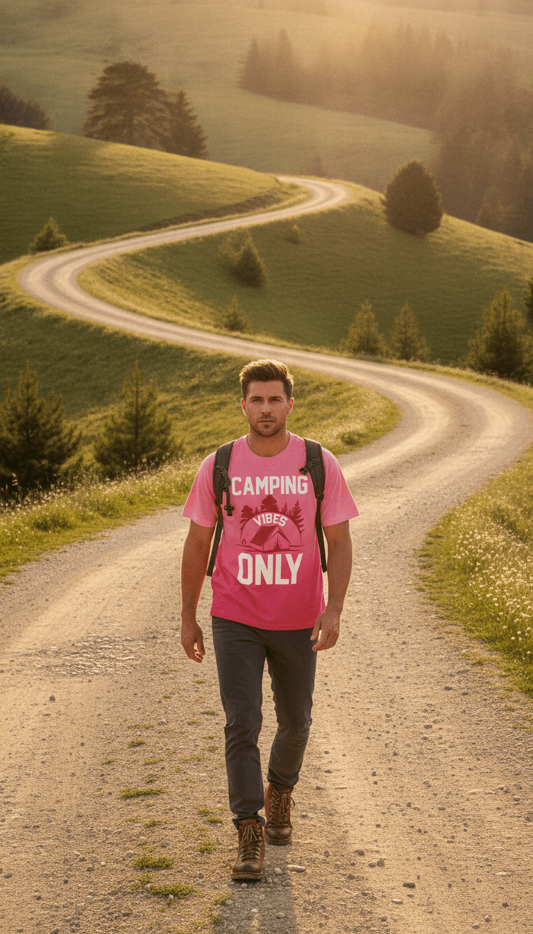 Camping Vibes Only Pink Sunfade Ombré Wash Boxy Fit T-shirt