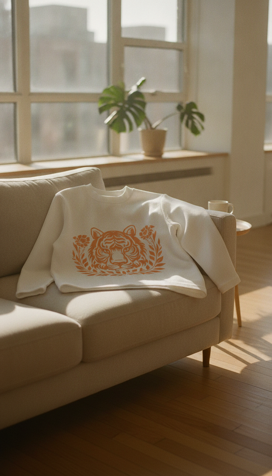 Tiger Graphic Off-White Waffle Knit Oversized Full-Sleeve - LitShirt