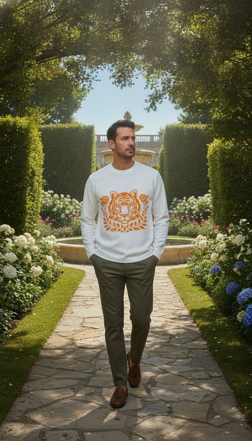 Tiger Graphic Off-White Waffle Knit Oversized Full-Sleeve - LitShirt