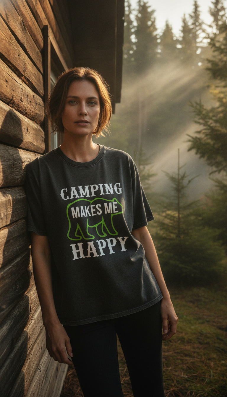 Camping Makes Happy Graphic Acidwash Oversized T-Shirt