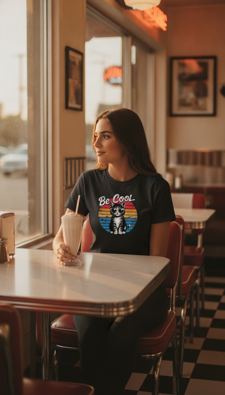 Retro Cat Graphic Black Regular Fit T-Shirt