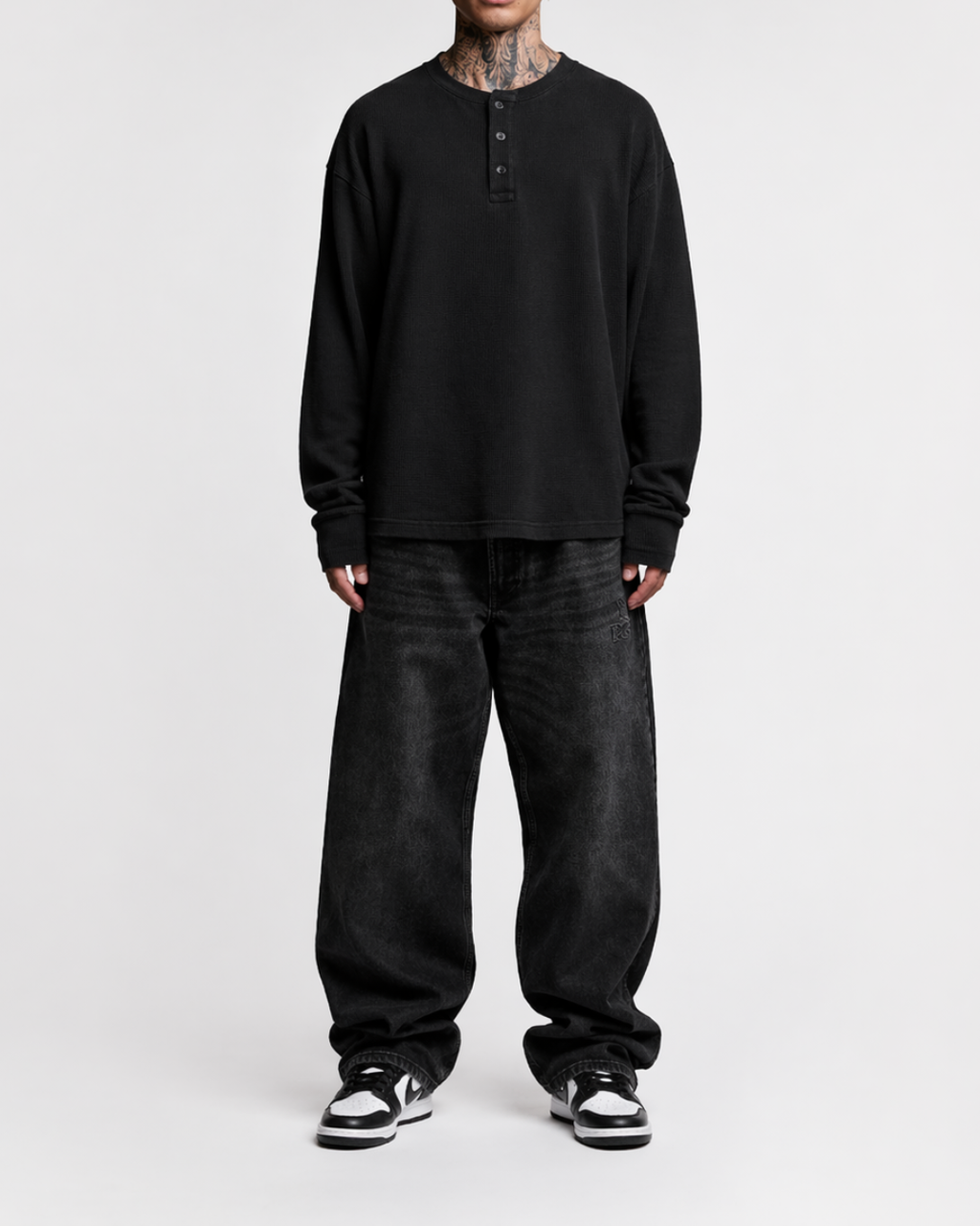 Black Henley waffle knit