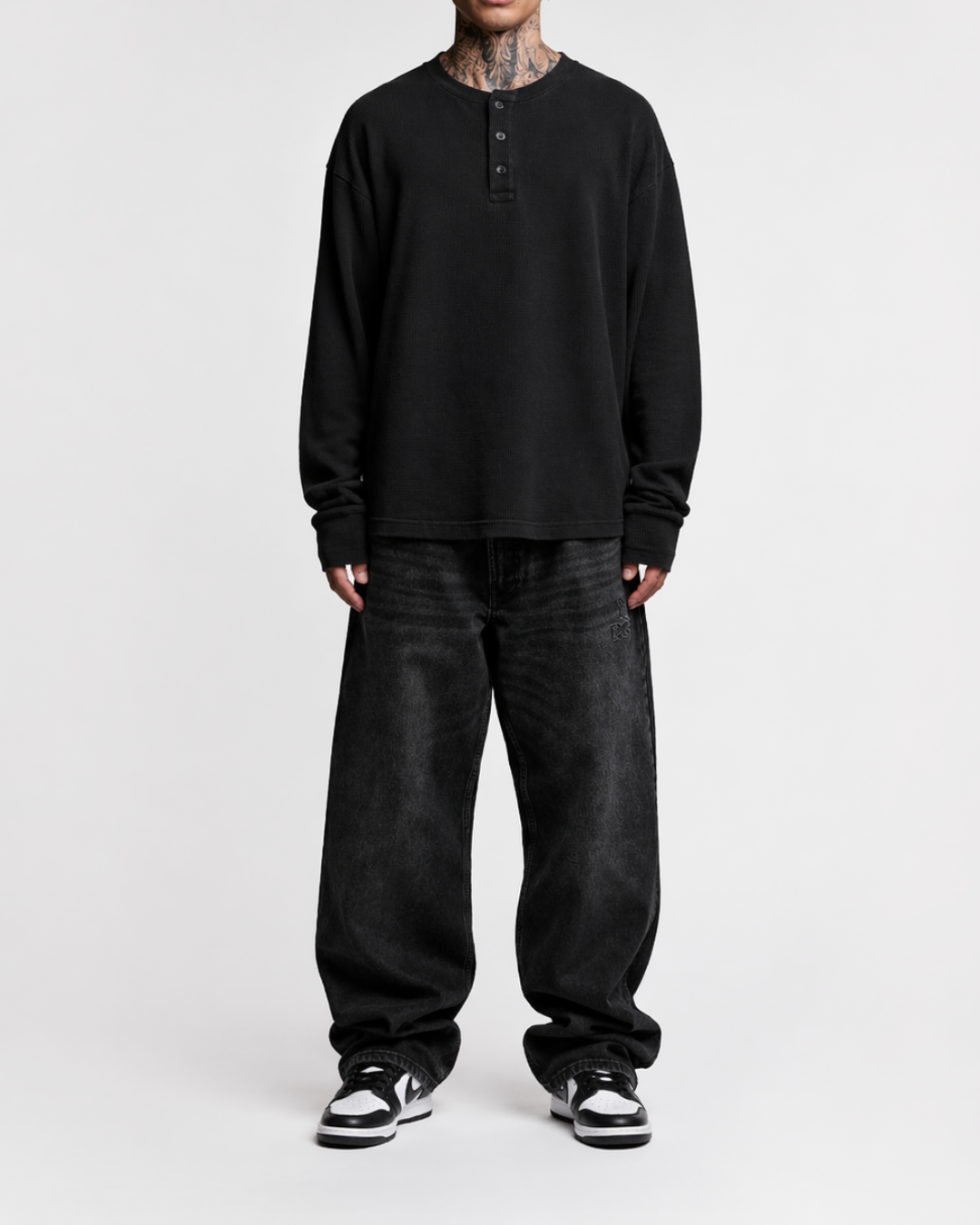 Black Henley waffle knit