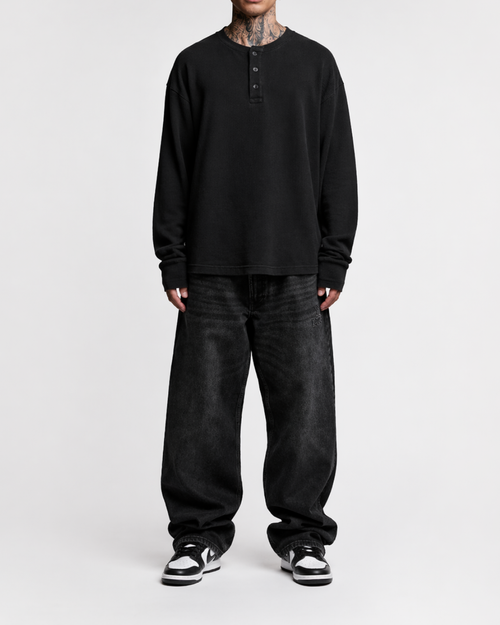 Black Henley waffle knit - LitShirt