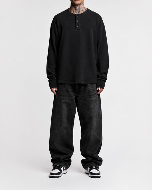 Black Henley waffle knit - LitShirt