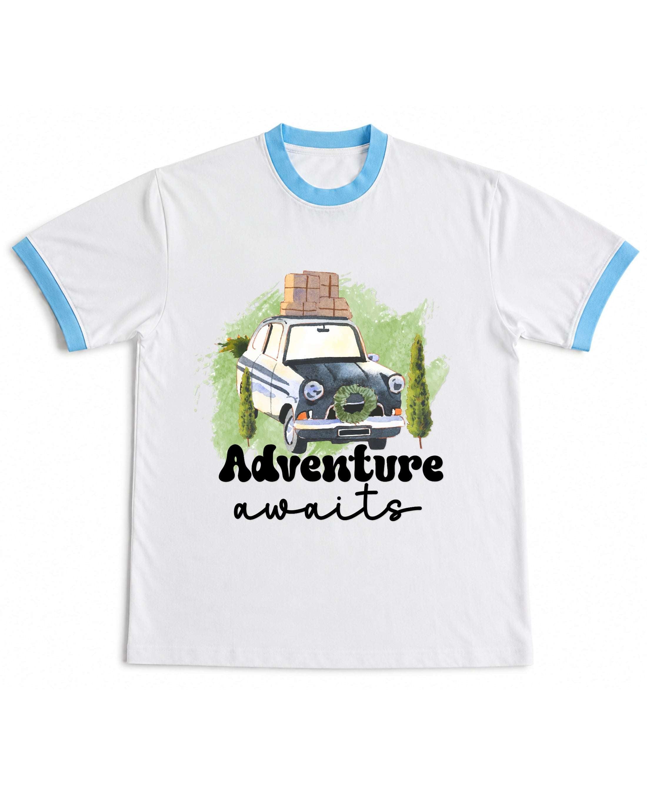 White & Sky Blue Ringer tee Front Design