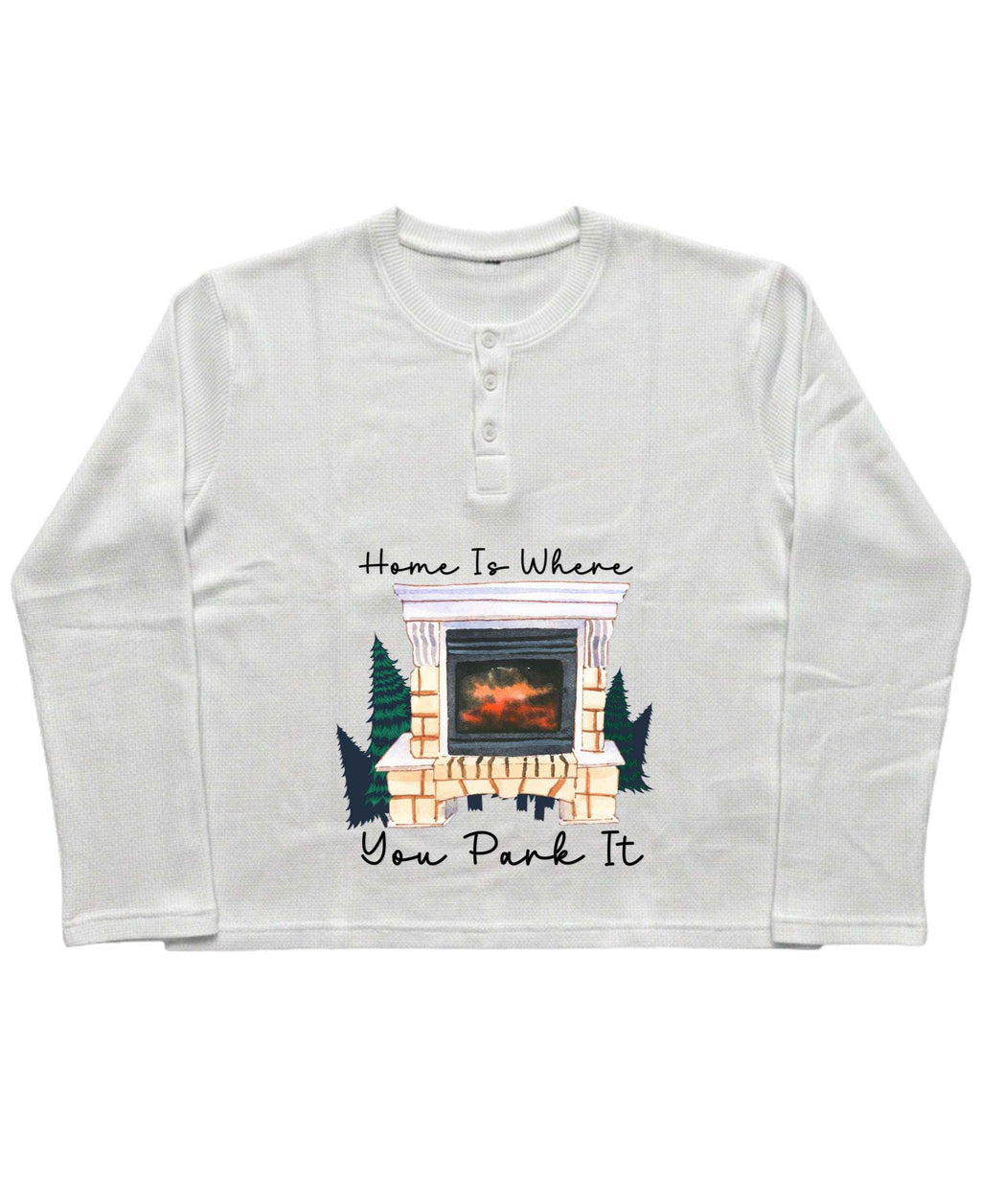 Camping Graphic  White Henley waffle knit