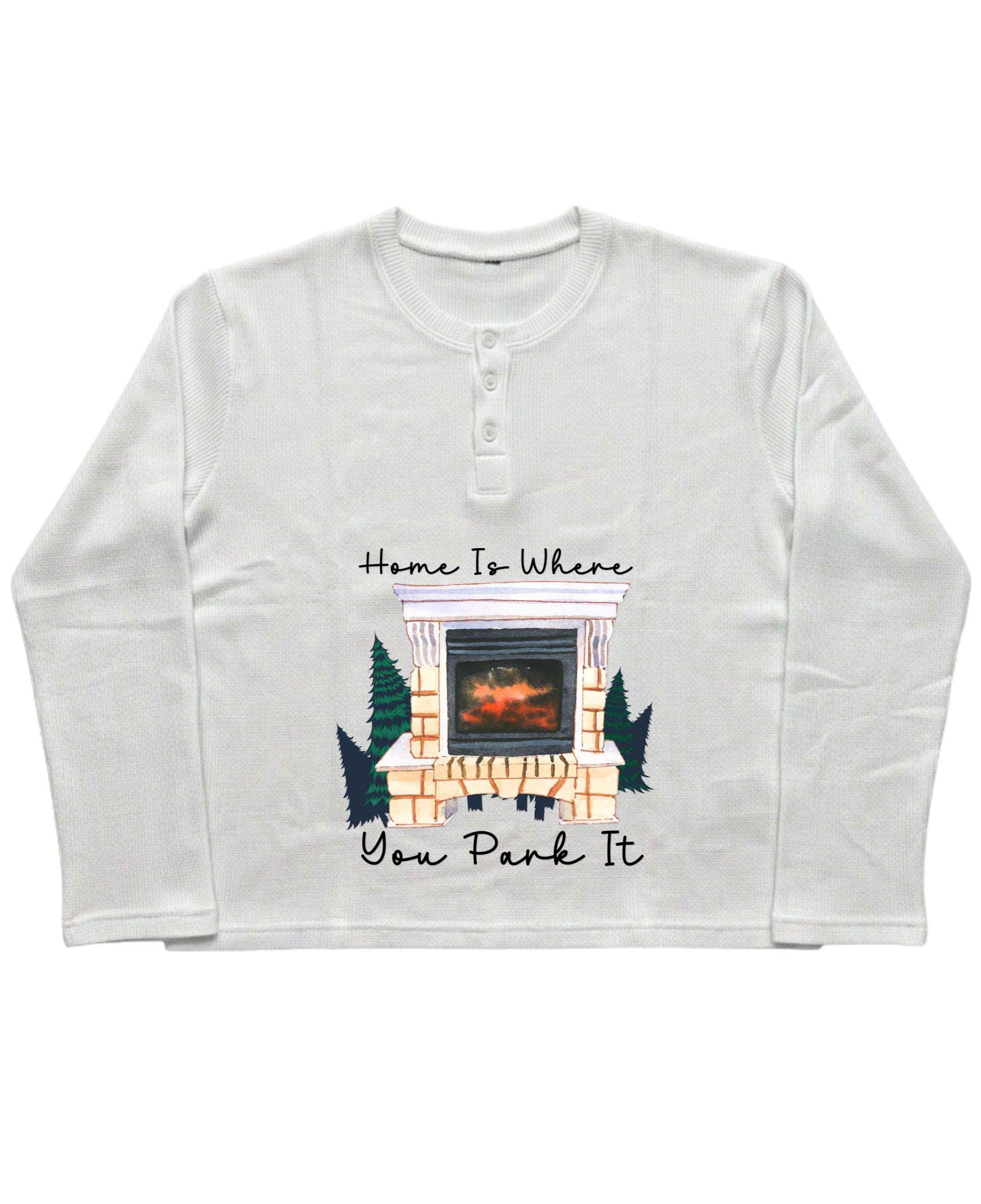 Camping Graphic  White Henley waffle knit