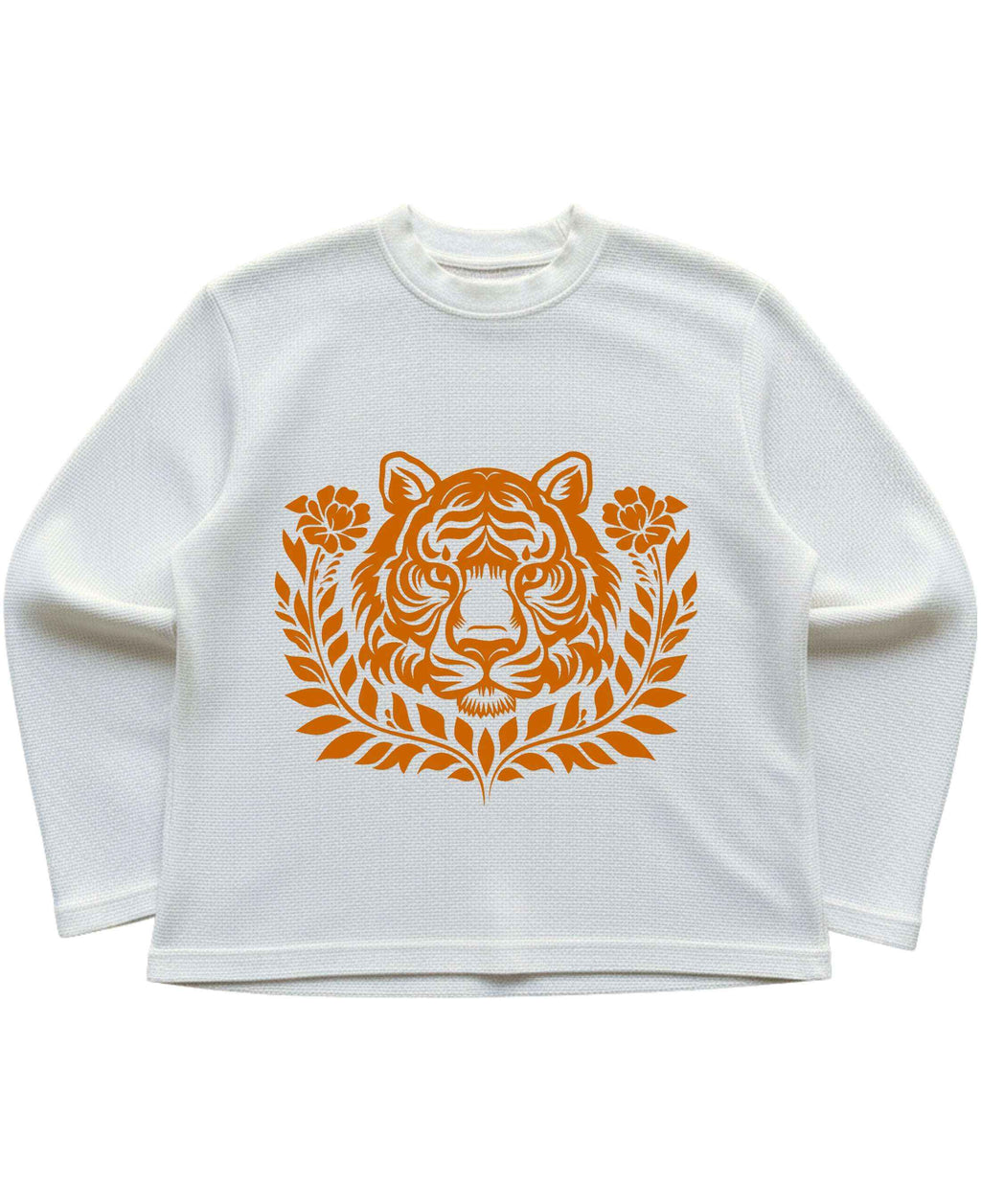Tiger Graphic Off-White Waffle Knit Oversized Full-Sleeve