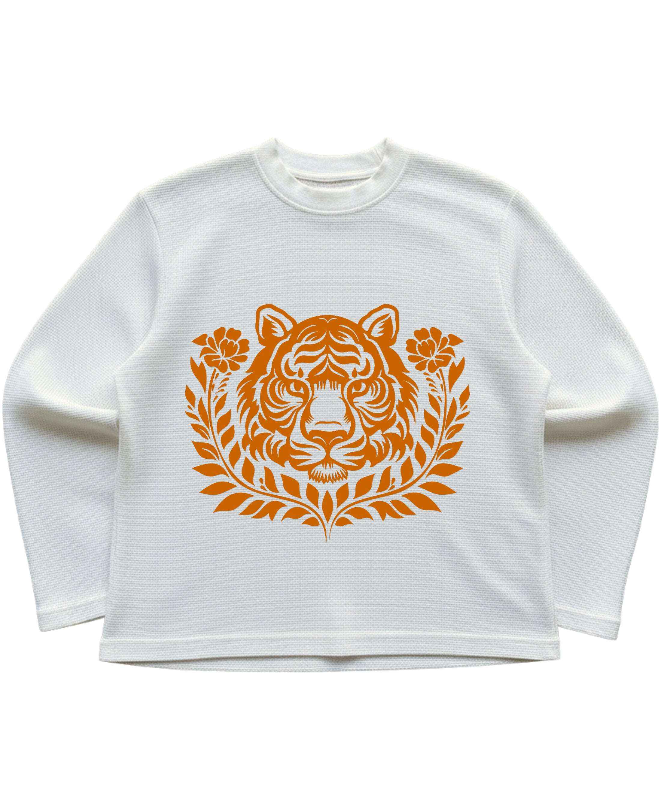Tiger Graphic Off-White Waffle Knit Oversized Full-Sleeve