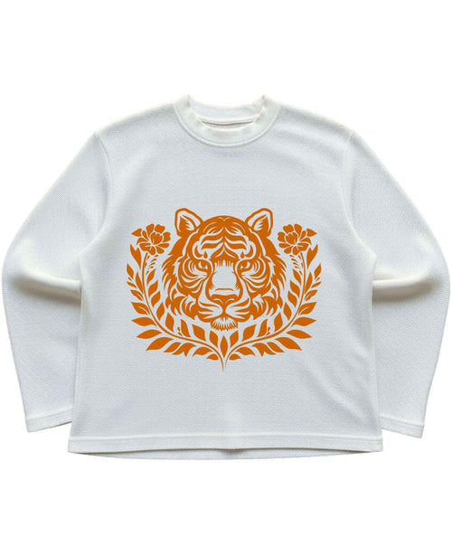 Tiger Graphic Off-White Waffle Knit Oversized Full-Sleeve