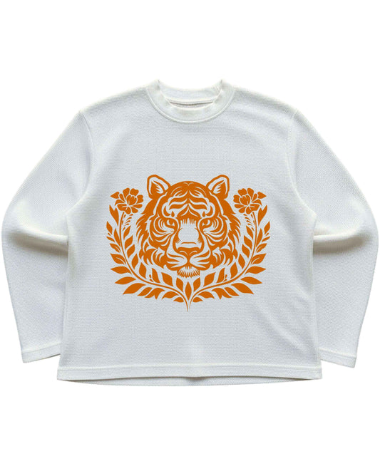 Tiger Graphic Off-White Waffle Knit Oversized Full-Sleeve