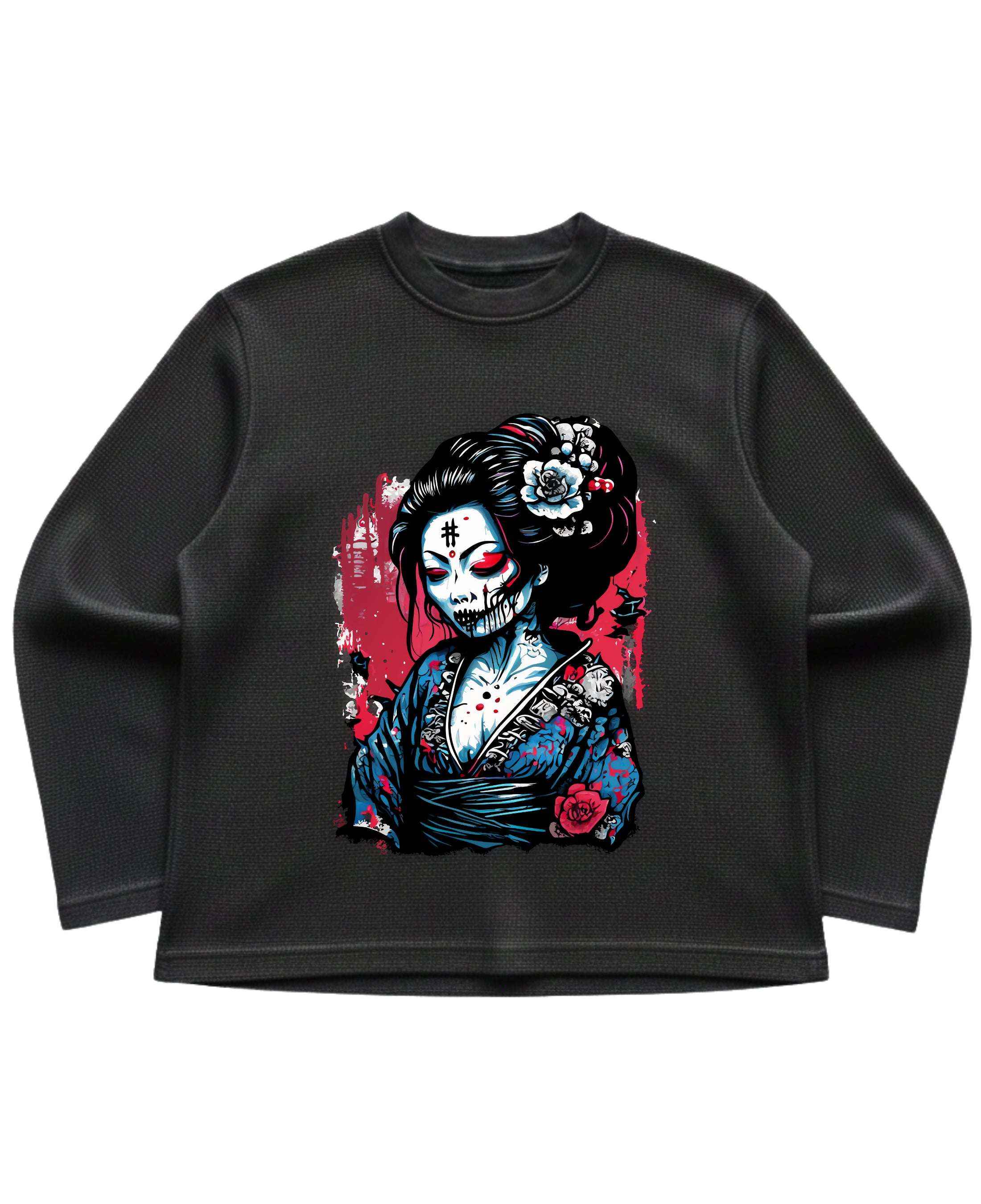 Urban Graphic Black Waffle Knit Oversized Full-Sleeve