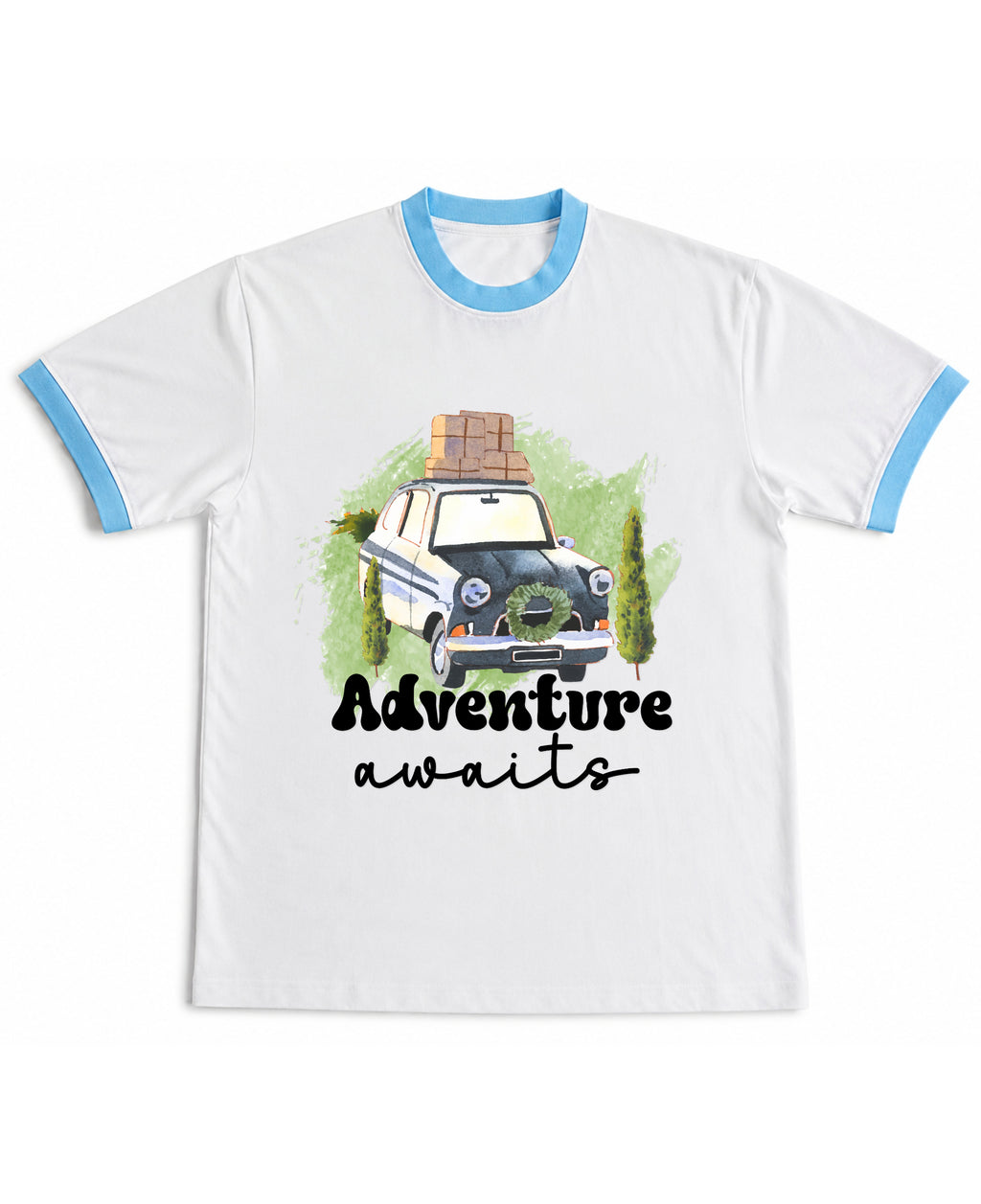 White & Sky Blue Ringer tee Front Design