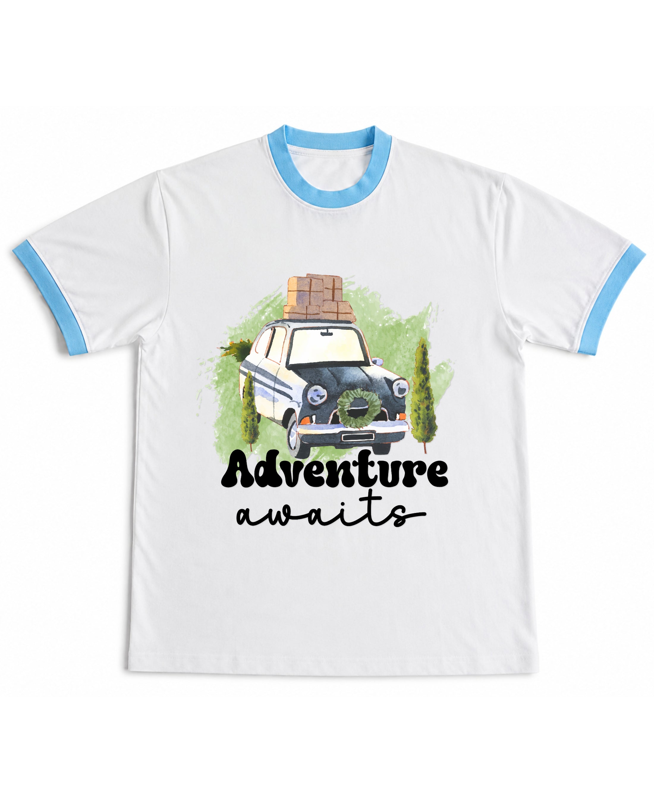 White & Sky Blue Ringer tee Front Design