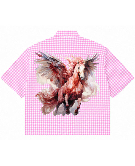 Flying Horses Graphics Pink Gingham Oxford Boxy Shirt