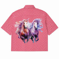 Flying Horses Graphics Red Picnic Oxford Boxy Shirt