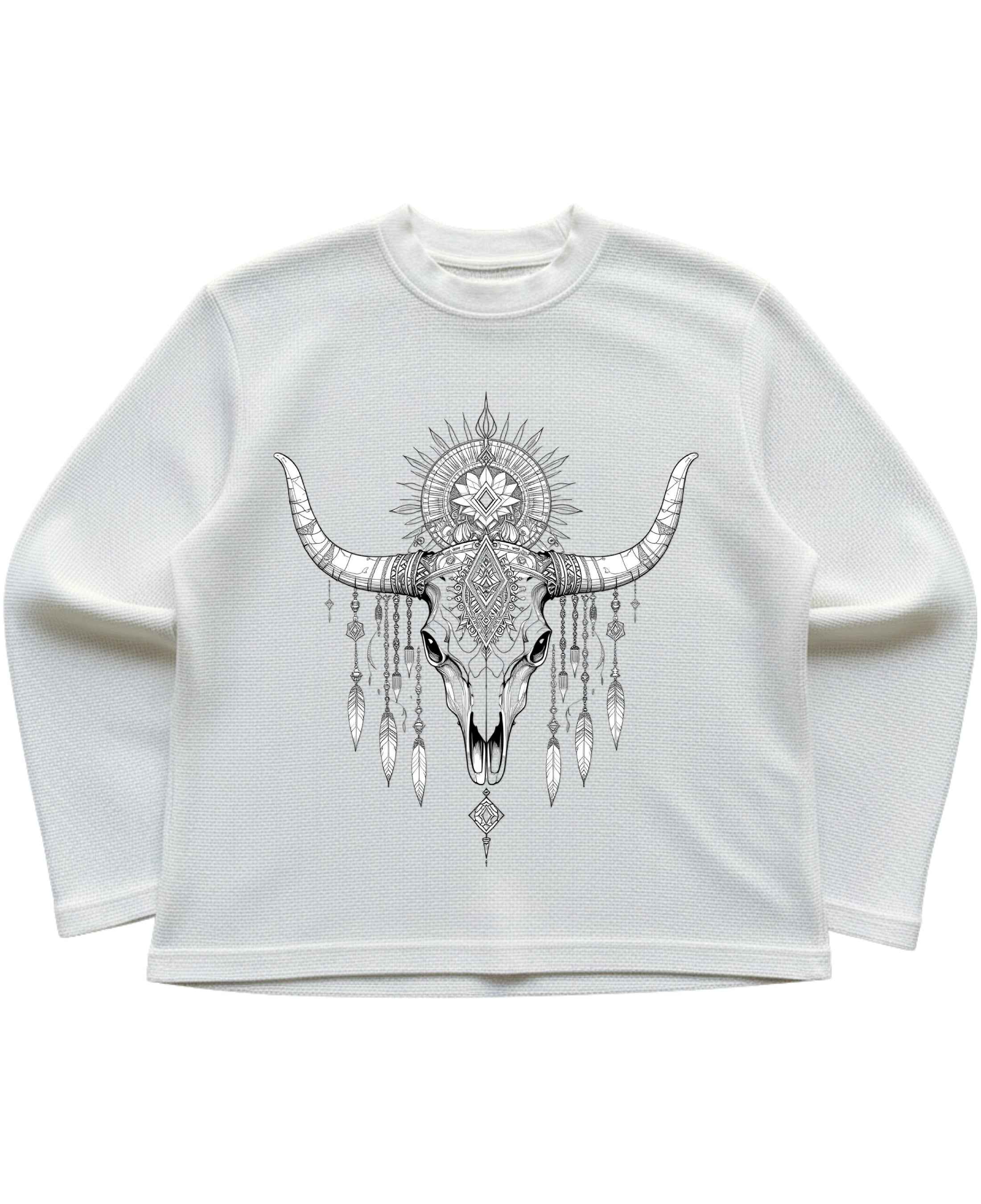 Graphic Print Off-White Waffle Knit Oversized Full-Sleeve