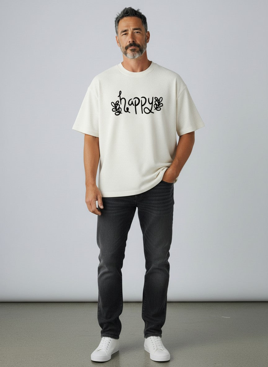 Happy Happy Off-White Waffle Boxy Fit