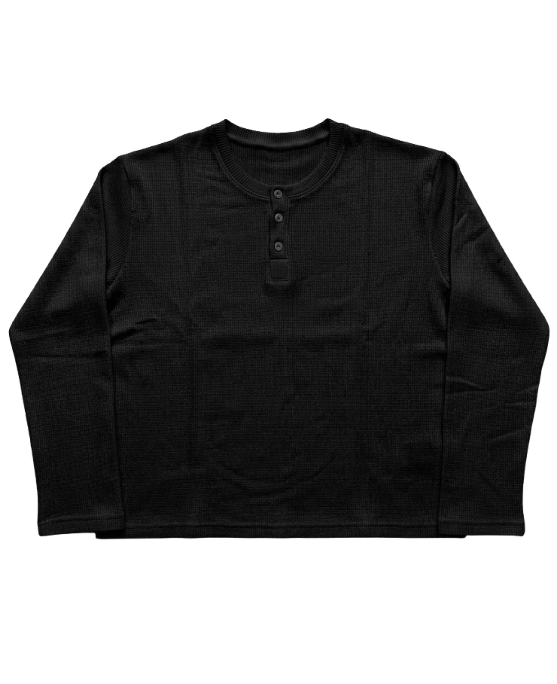 UrbanWeave Graphic Black Henley Waffle Knit