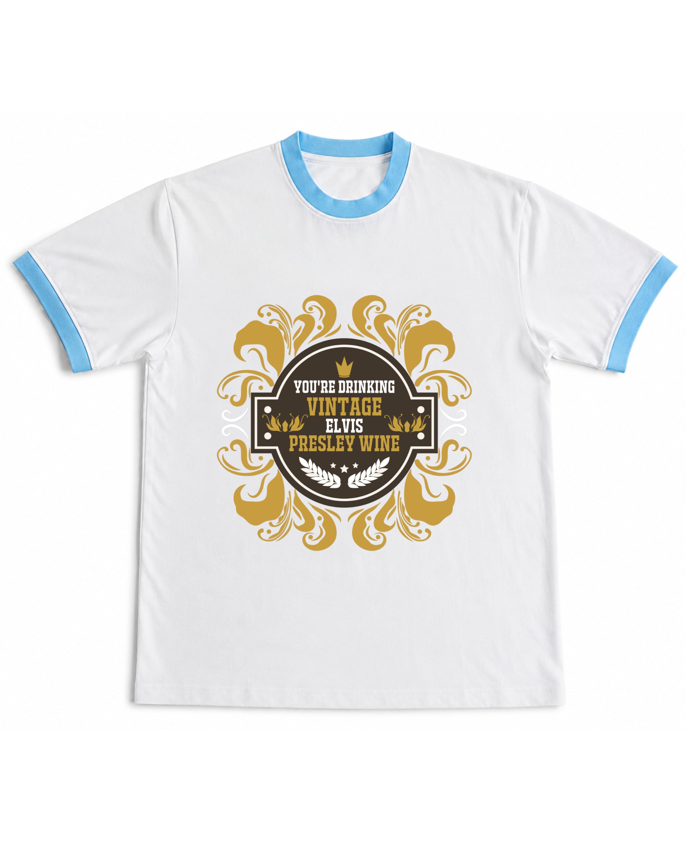 White & Sky Blue Ringer tee Front Design
